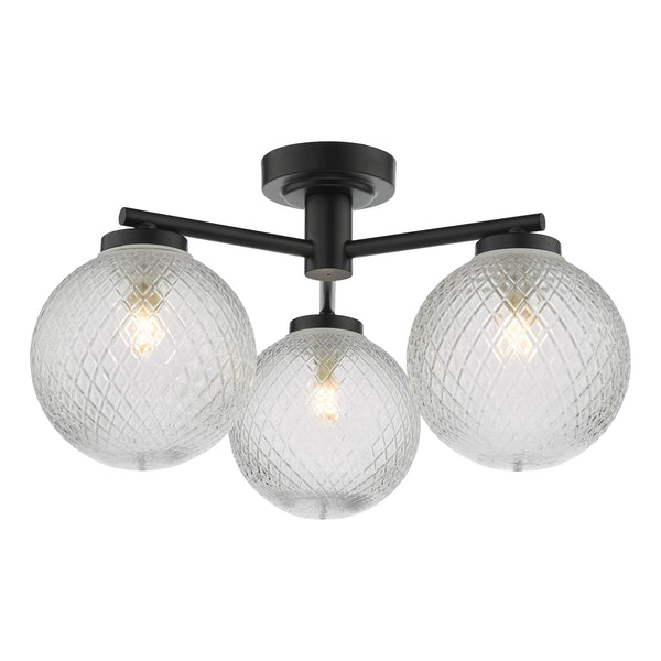 Wayne 3 Light IP44 Semi Flush Ceiling Light In Matt Black With Textured Glass Shade