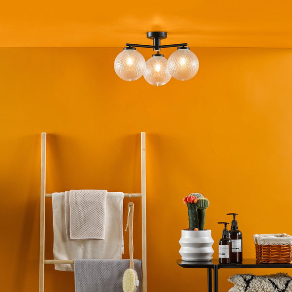 Wayne 3 Light IP44 Semi Flush Ceiling Light In Matt Black With Textured Glass Shade