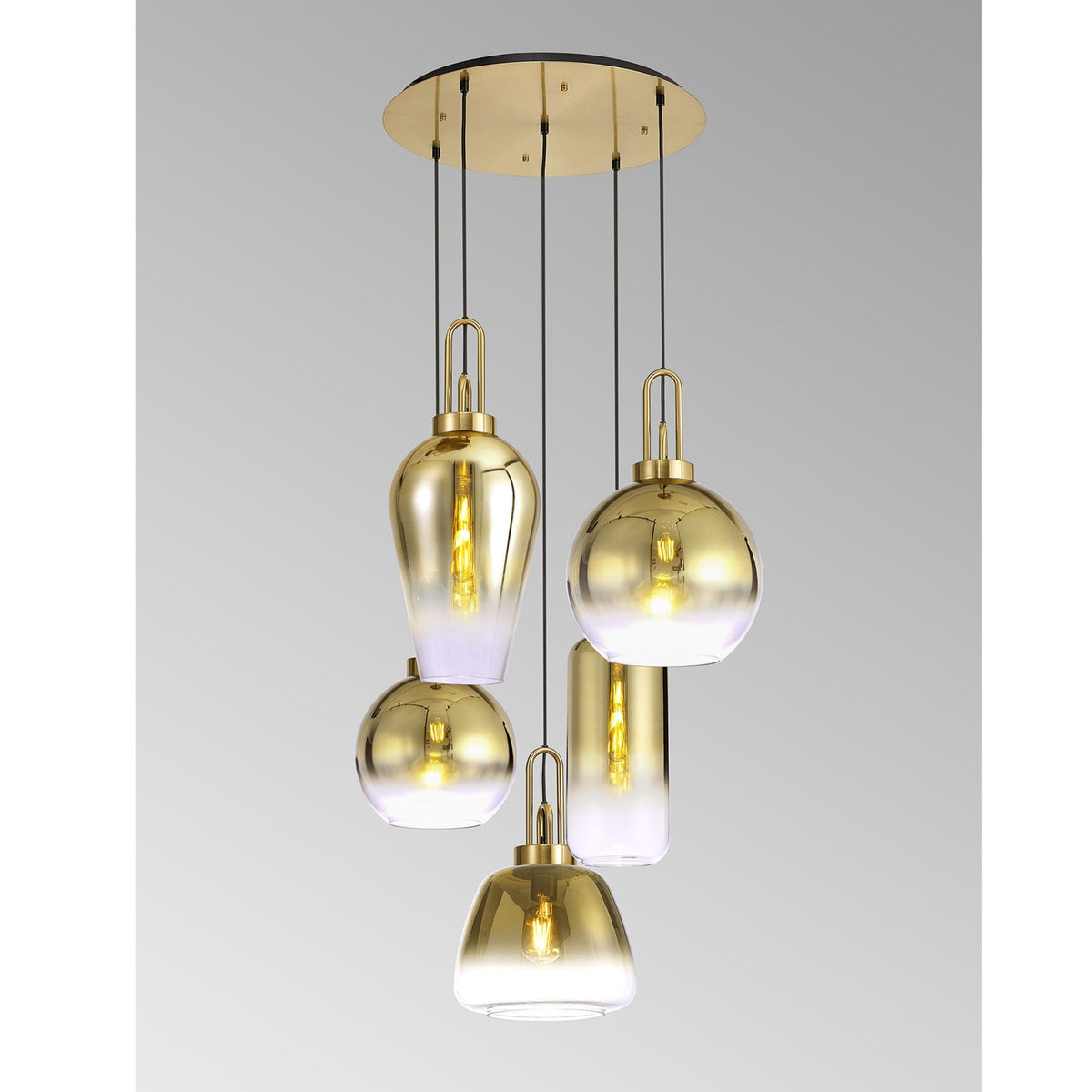 Atherington 5 Drop Round Pendant in Brass Gold with Gold Fade Glass Shades