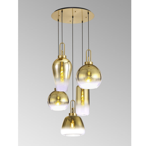 Atherington 5 Drop Round Pendant in Brass Gold with Gold Fade Glass Shades