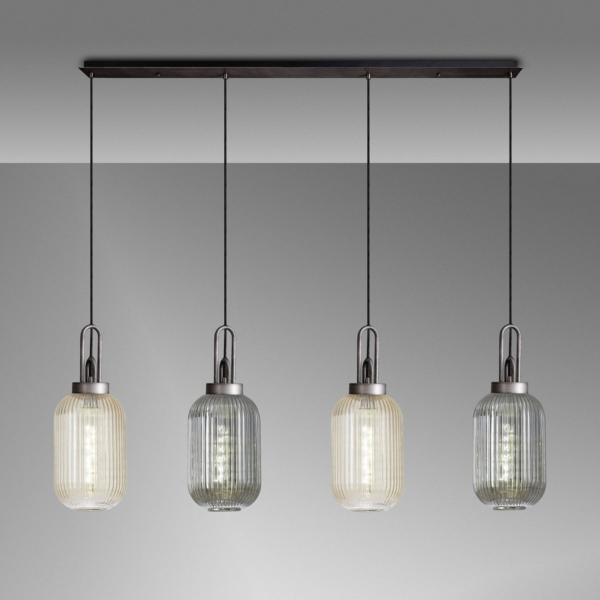 Atherington 4 Drop Linear Pendant in Aged Pewter with Tubular Ribbed Shades