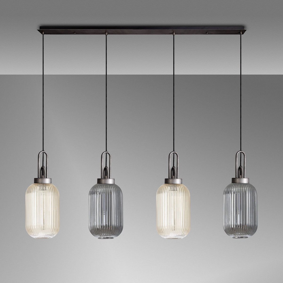 Atherington 4 Drop Linear Pendant in Aged Pewter with Tubular Ribbed Shades