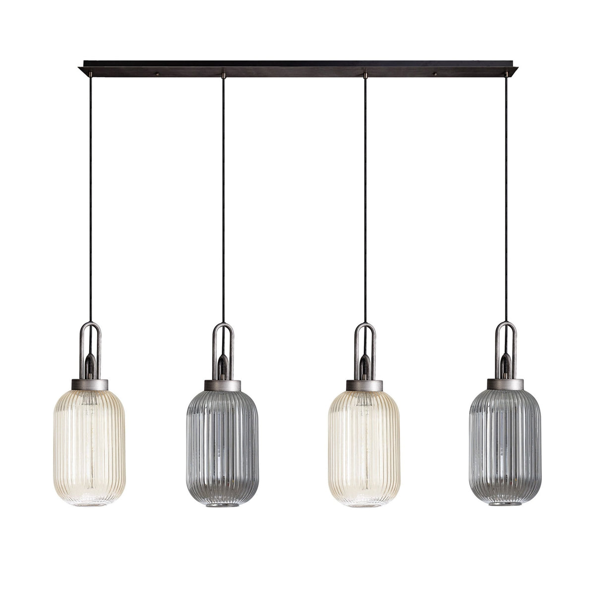Atherington 4 Drop Linear Pendant in Aged Pewter with Tubular Ribbed Shades