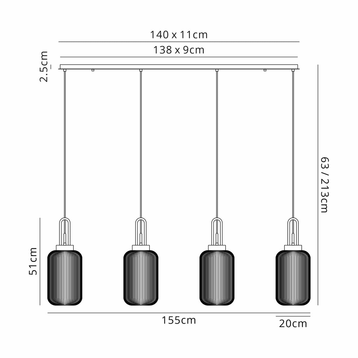 Atherington 4 Drop Linear Pendant in Aged Pewter with Tubular Ribbed Shades