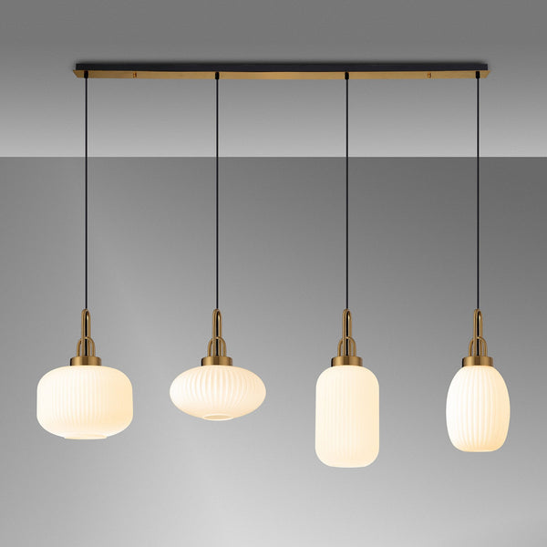 Atherington 4 Drop Linear Pendant in Brass Gold with Various Shaped Opal Ribbed Shades