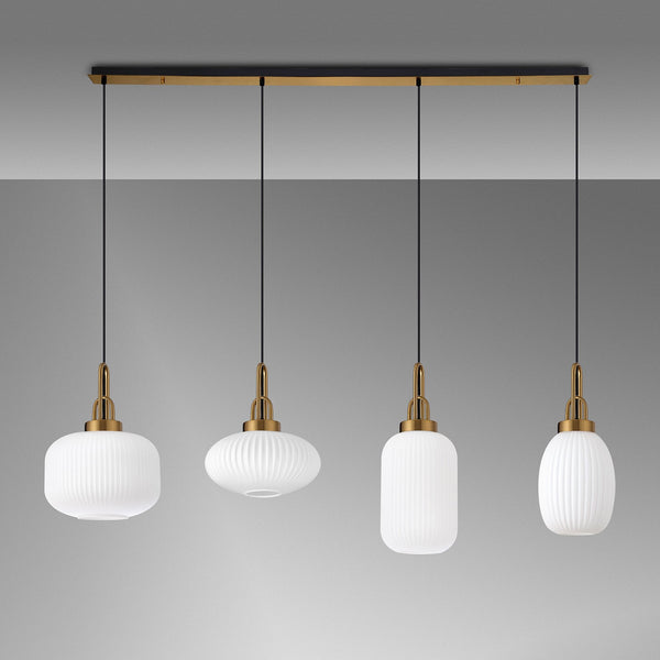 Atherington 4 Drop Linear Pendant in Brass Gold with Various Shaped Opal Ribbed Shades