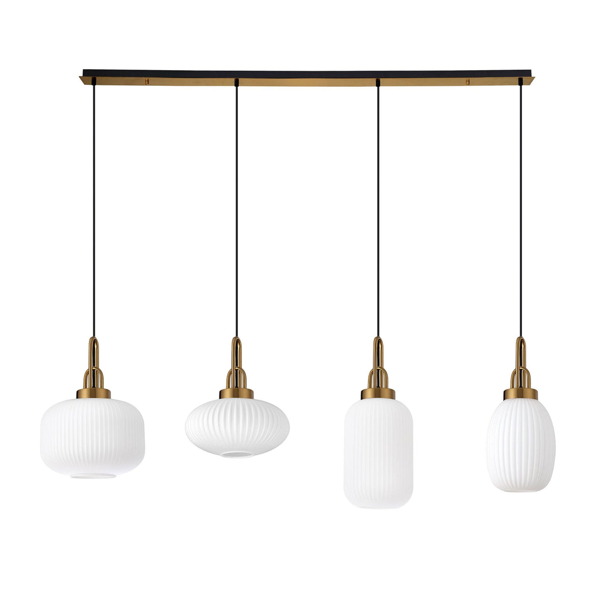 Atherington 4 Drop Linear Pendant in Brass Gold with Various Shaped Opal Ribbed Shades