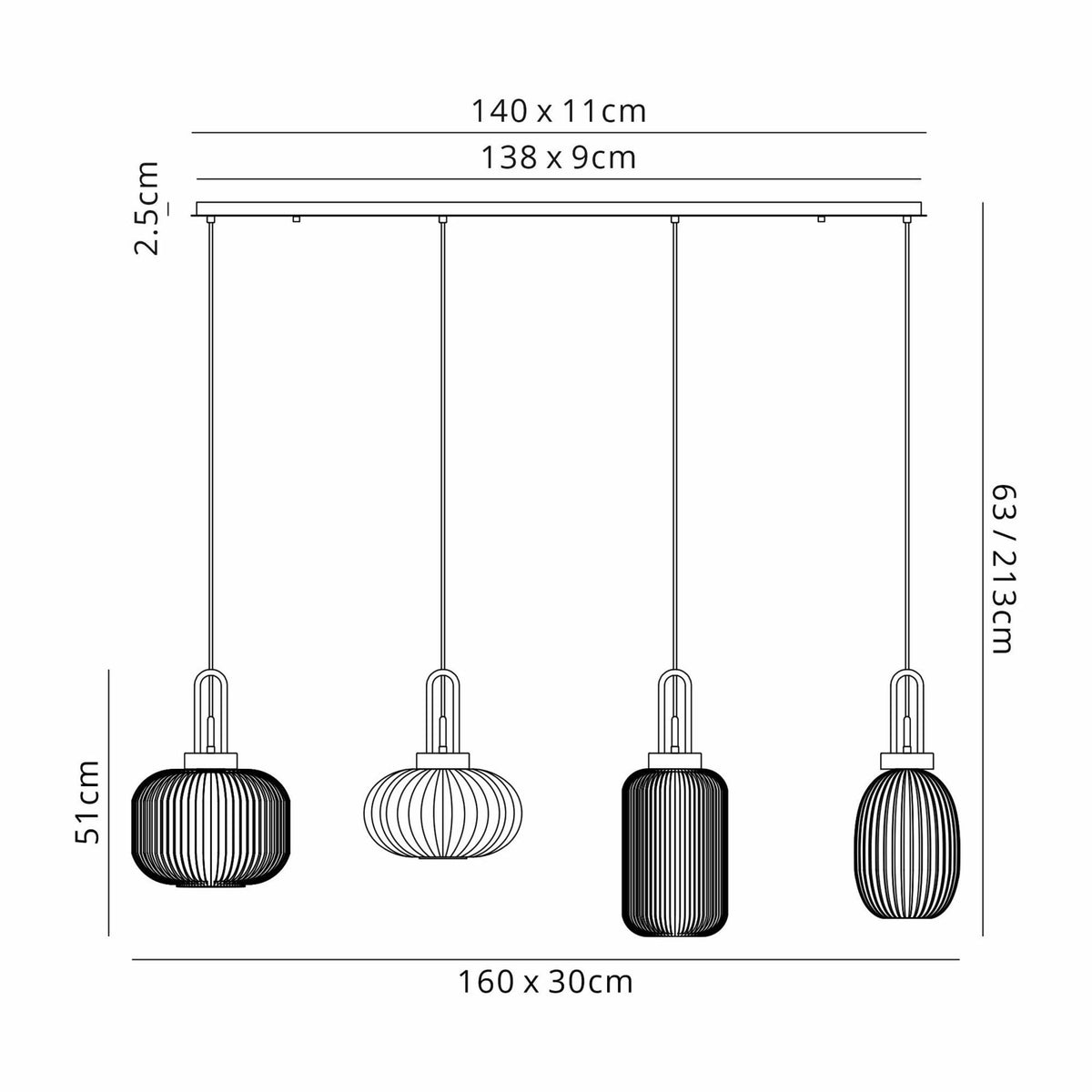 Atherington 4 Drop Linear Pendant in Brass Gold with Various Shaped Opal Ribbed Shades