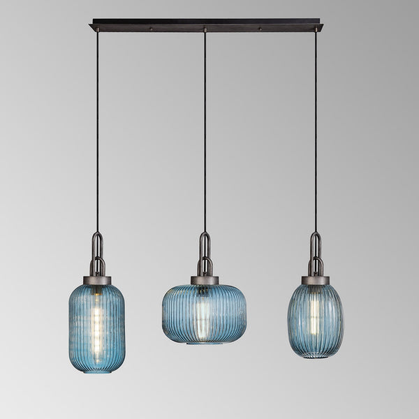 Atherington 3 Drop Linear Pendant in Aged Pewter with Ribbed Petrol Blue Shades
