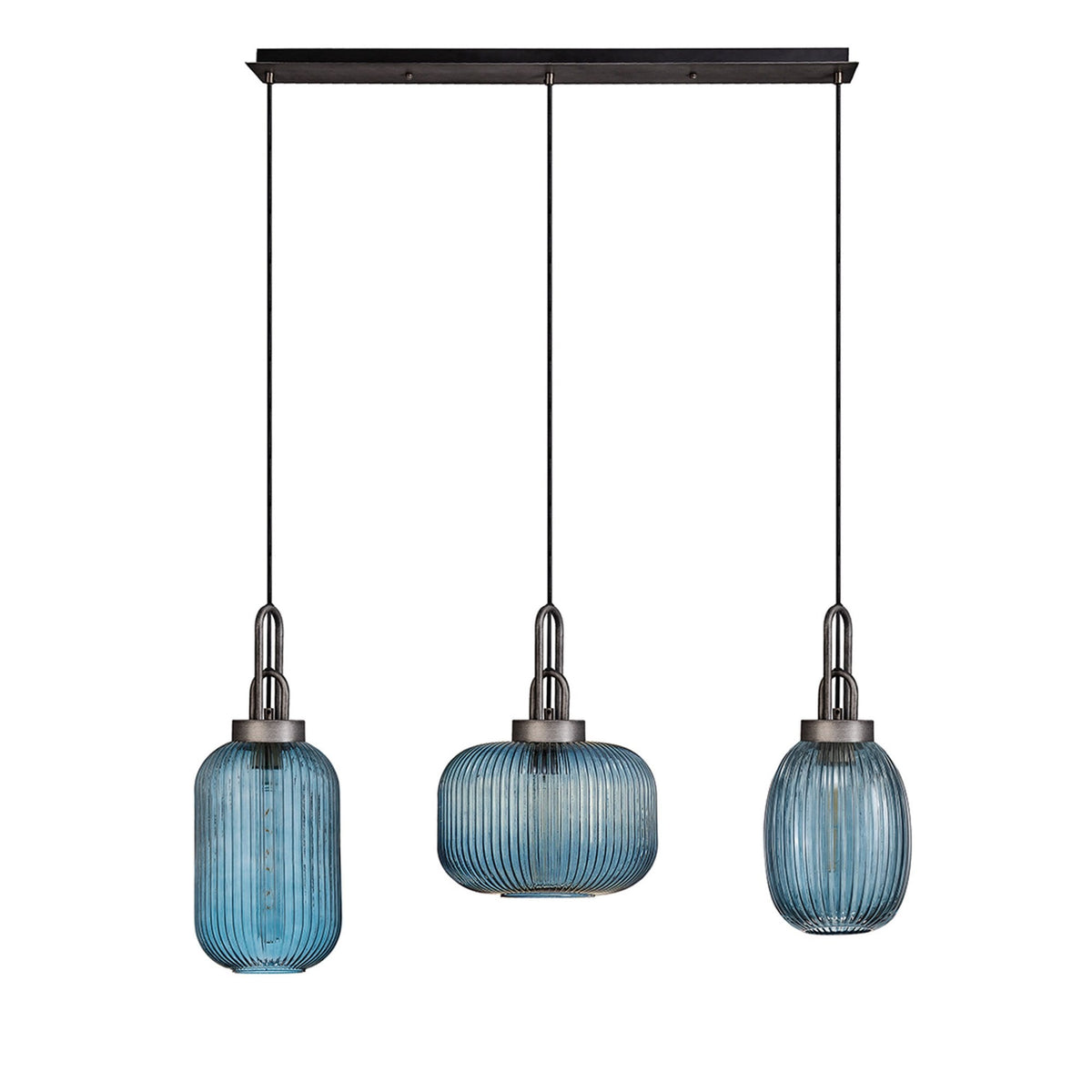 Atherington 3 Drop Linear Pendant in Aged Pewter with Ribbed Petrol Blue Shades