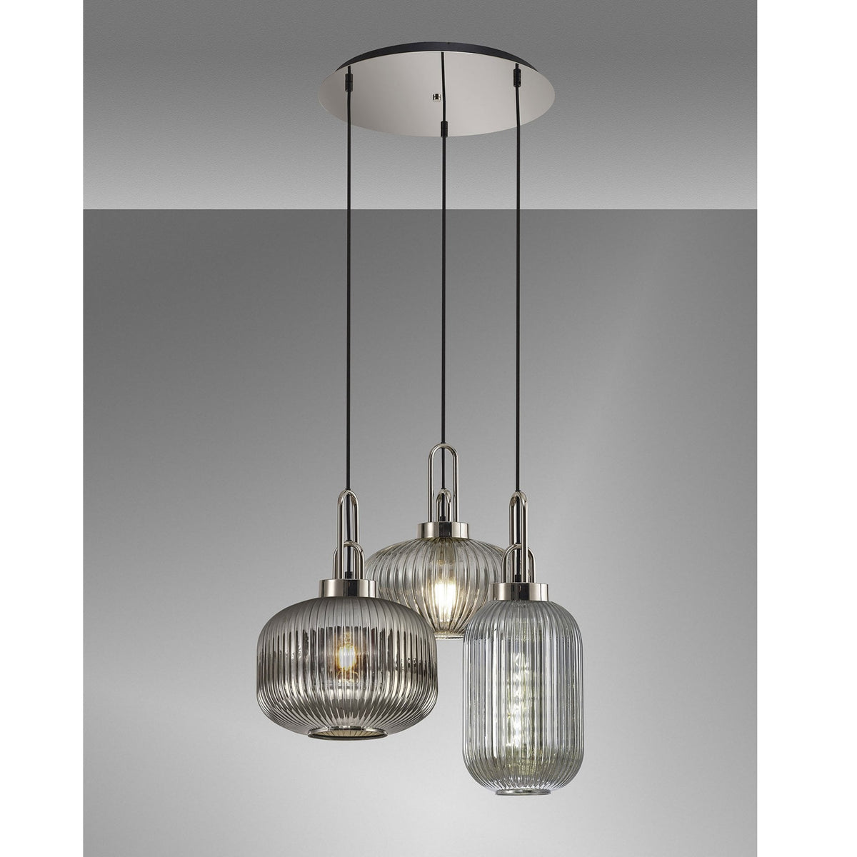 Atherington 3 Drop Round Pendant in Polished Nickel & Ribbed Smoked Shades