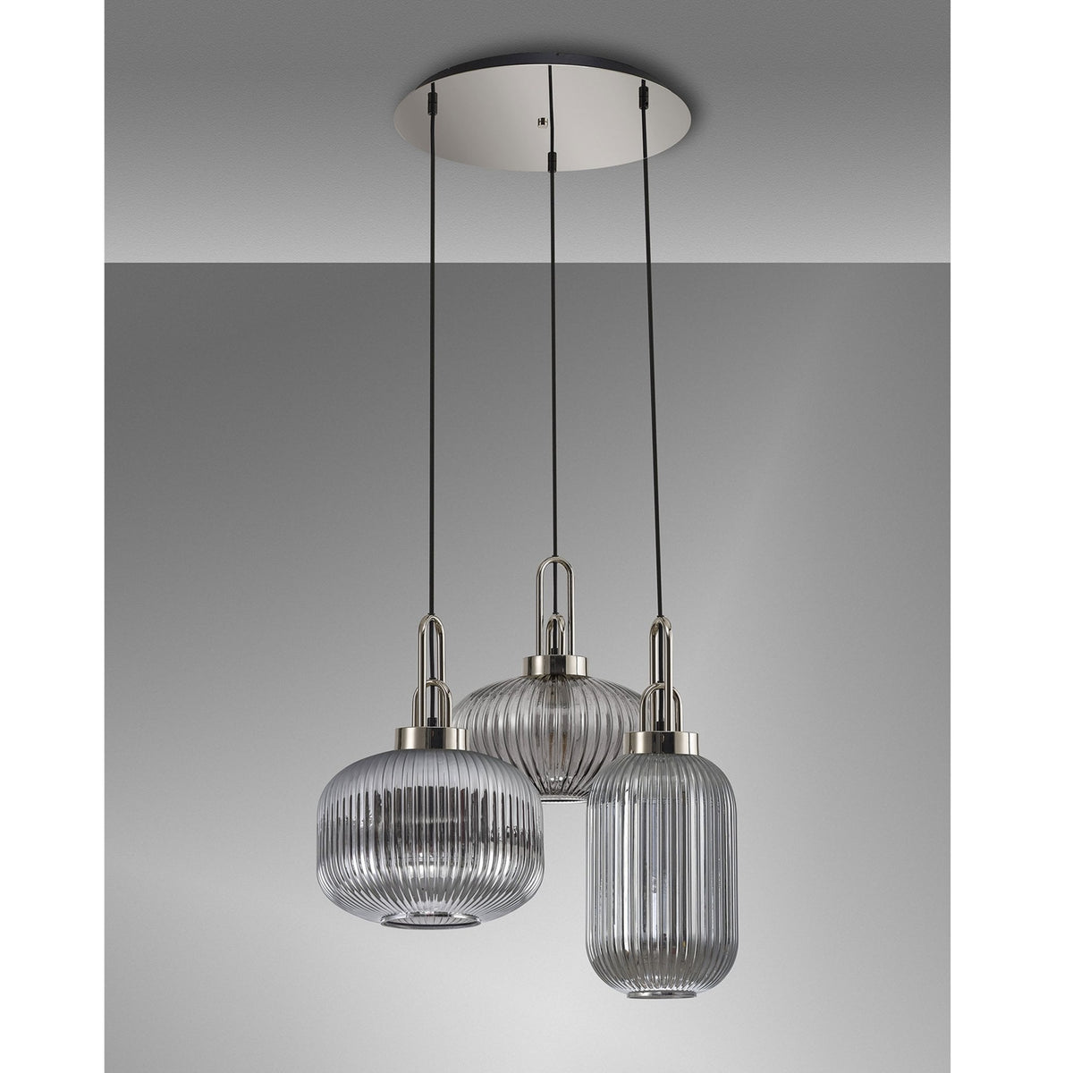 Atherington 3 Drop Round Pendant in Polished Nickel & Ribbed Smoked Shades