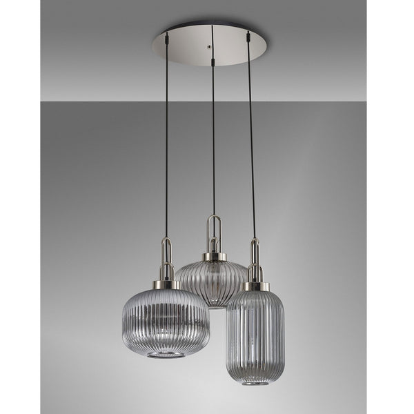 Atherington 3 Drop Round Pendant in Polished Nickel & Ribbed Smoked Shades