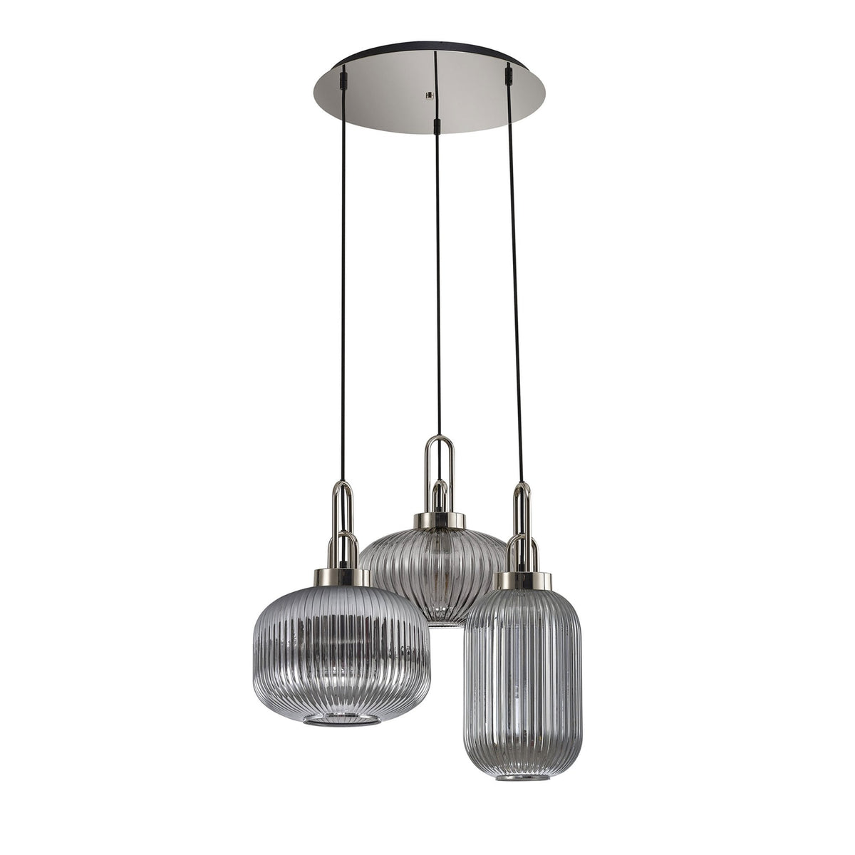 Atherington 3 Drop Round Pendant in Polished Nickel & Ribbed Smoked Shades