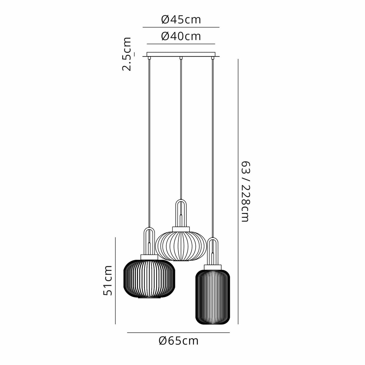 Atherington 3 Drop Round Pendant in Polished Nickel & Ribbed Smoked Shades