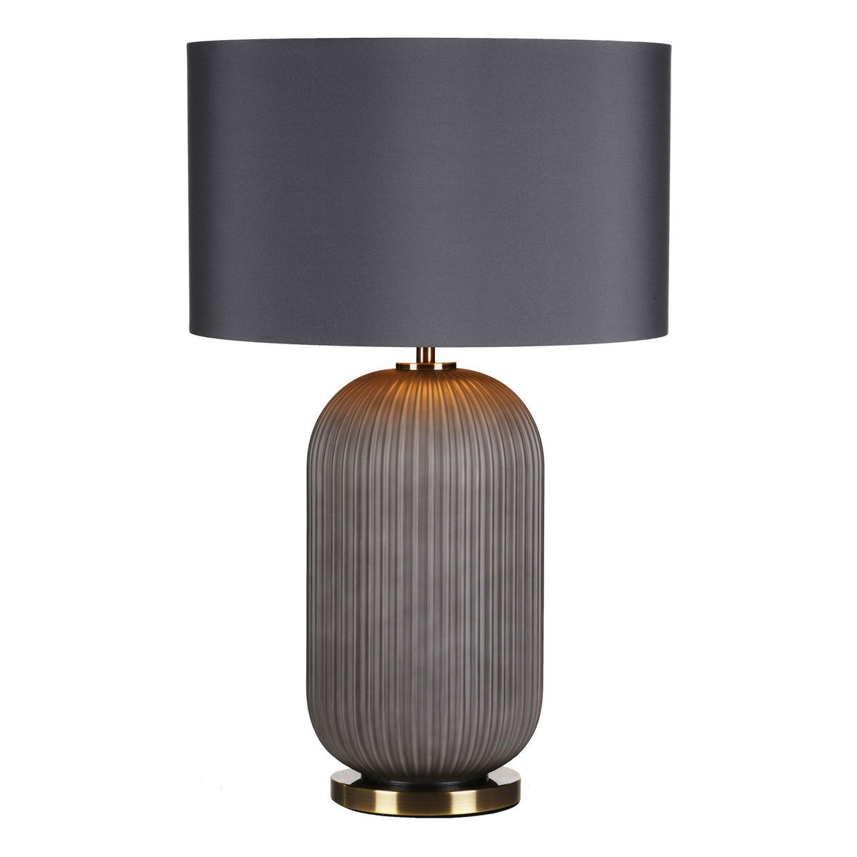 Gray fluted table lamp with a dark gray drum shade and a brass base.