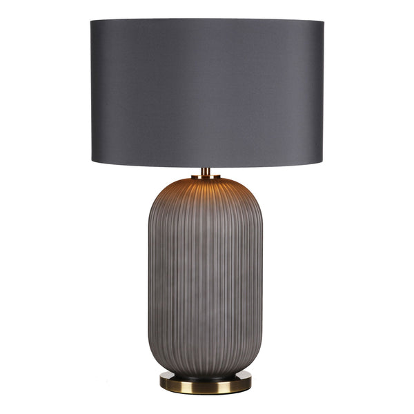 Helicon Ribbed Glass Table Lamp In Grey With Grey Faux Silk Shade