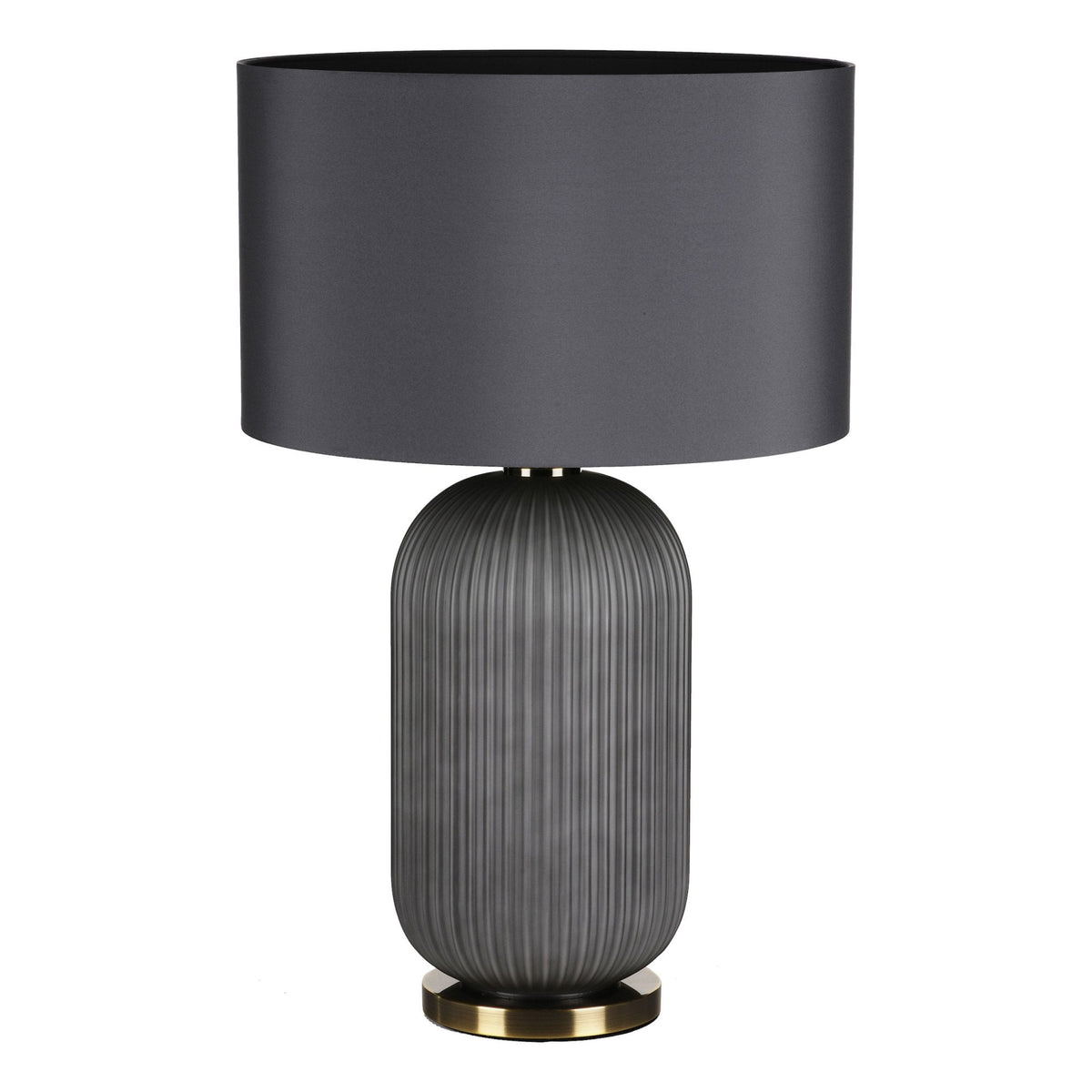 Dark gray table lamp with a ribbed base and a black fabric shade on a white background.