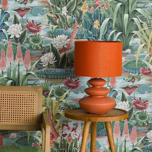 Discus Ceramic Table Lamp In Orange With Orange Cotton Shade