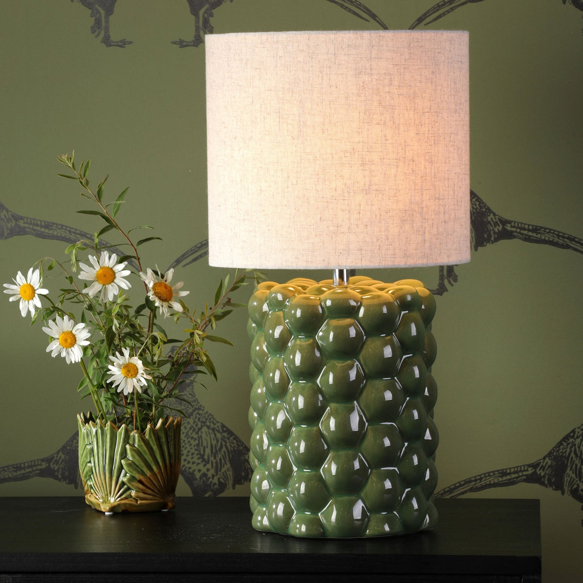 Jayden Ceramic Table Lamp In Green With Natural Linen Shade