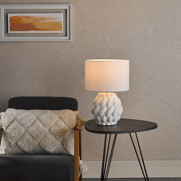 Idonia Ceramic Table Lamp In White With White Linen Shade