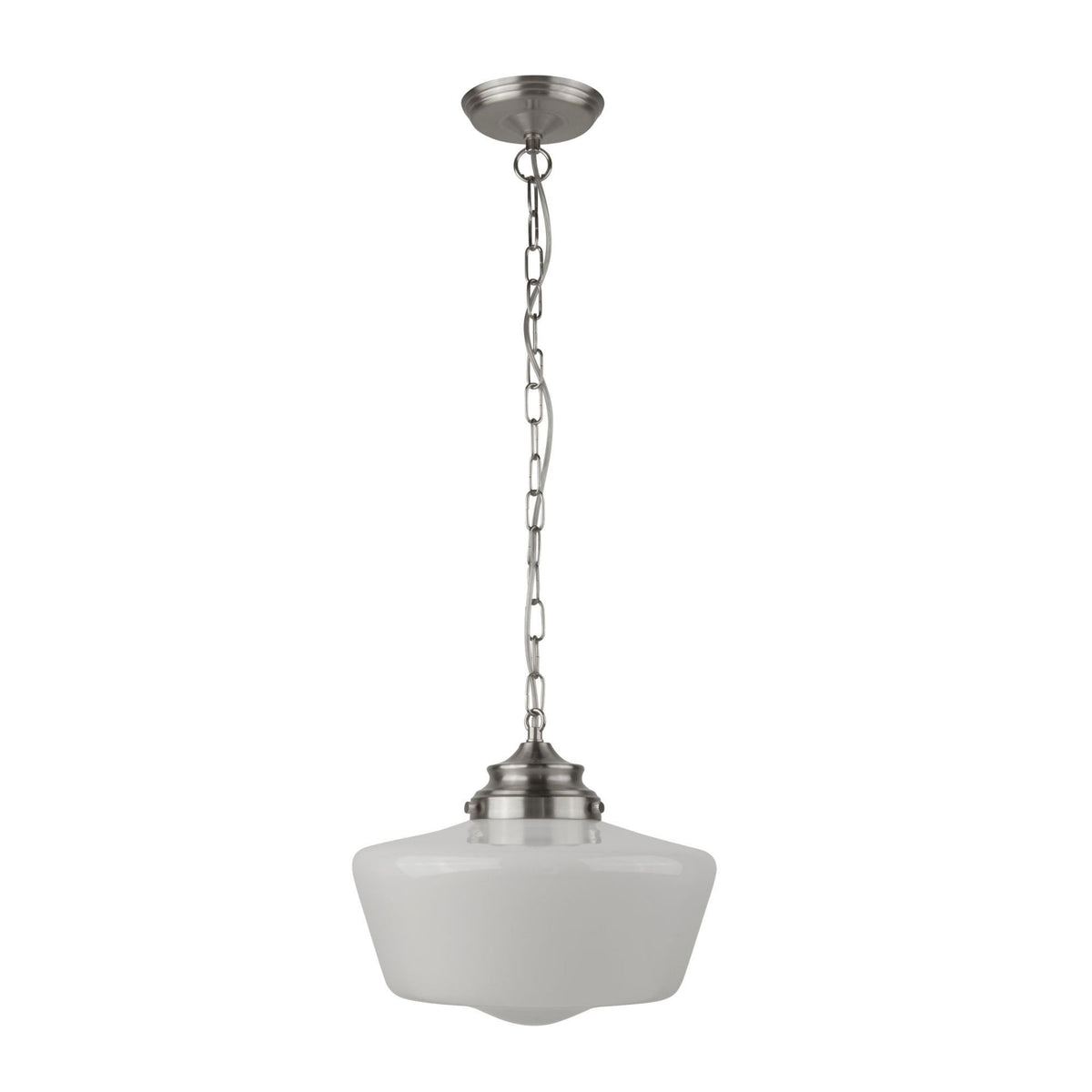 School House Single Satin Silver Pendant with Opal Glass