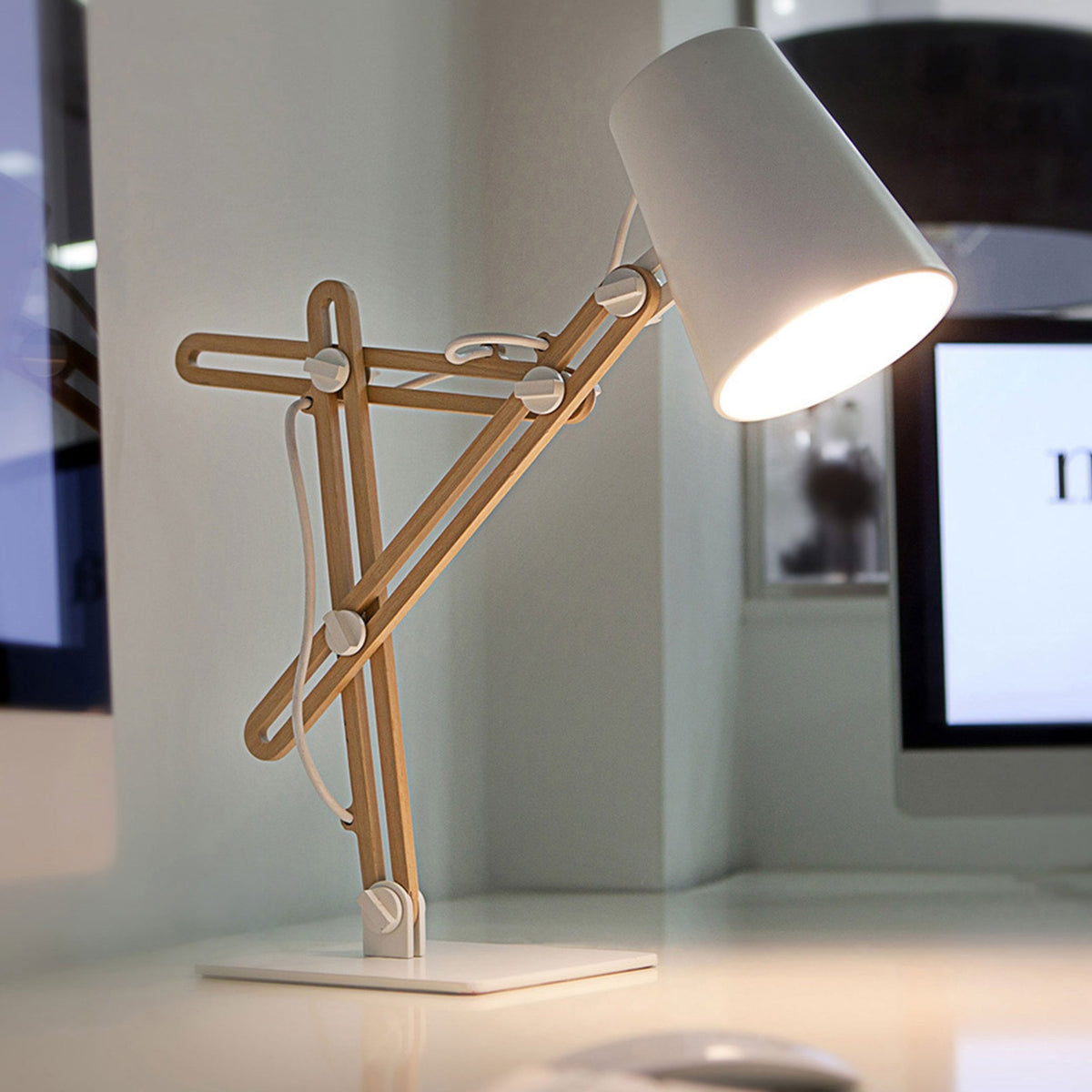 Looker Adjustable Desk Lamp in White and Beech Wood