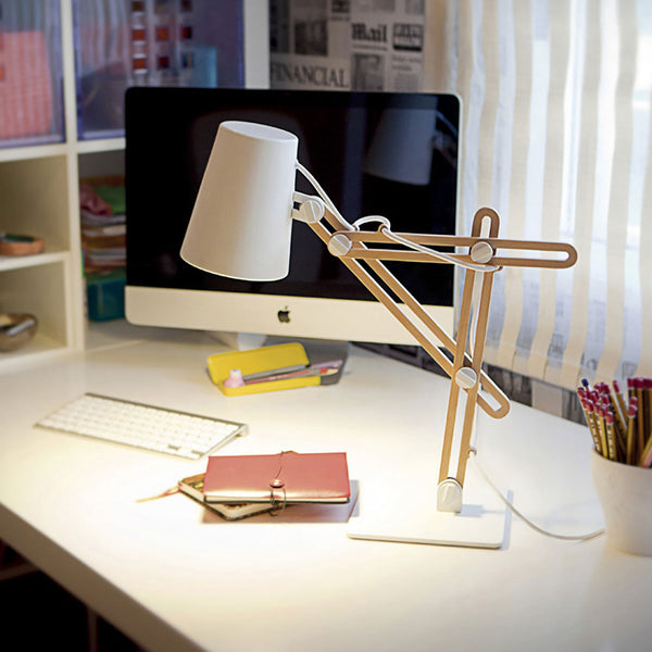 Looker Adjustable Desk Lamp in White and Beech Wood