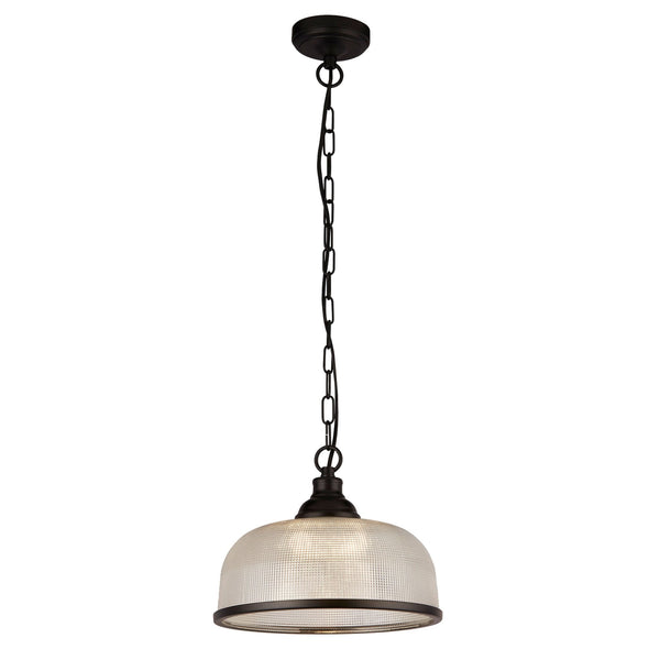 Highworth Pendant In Matt Black With Holophane Glass Shade