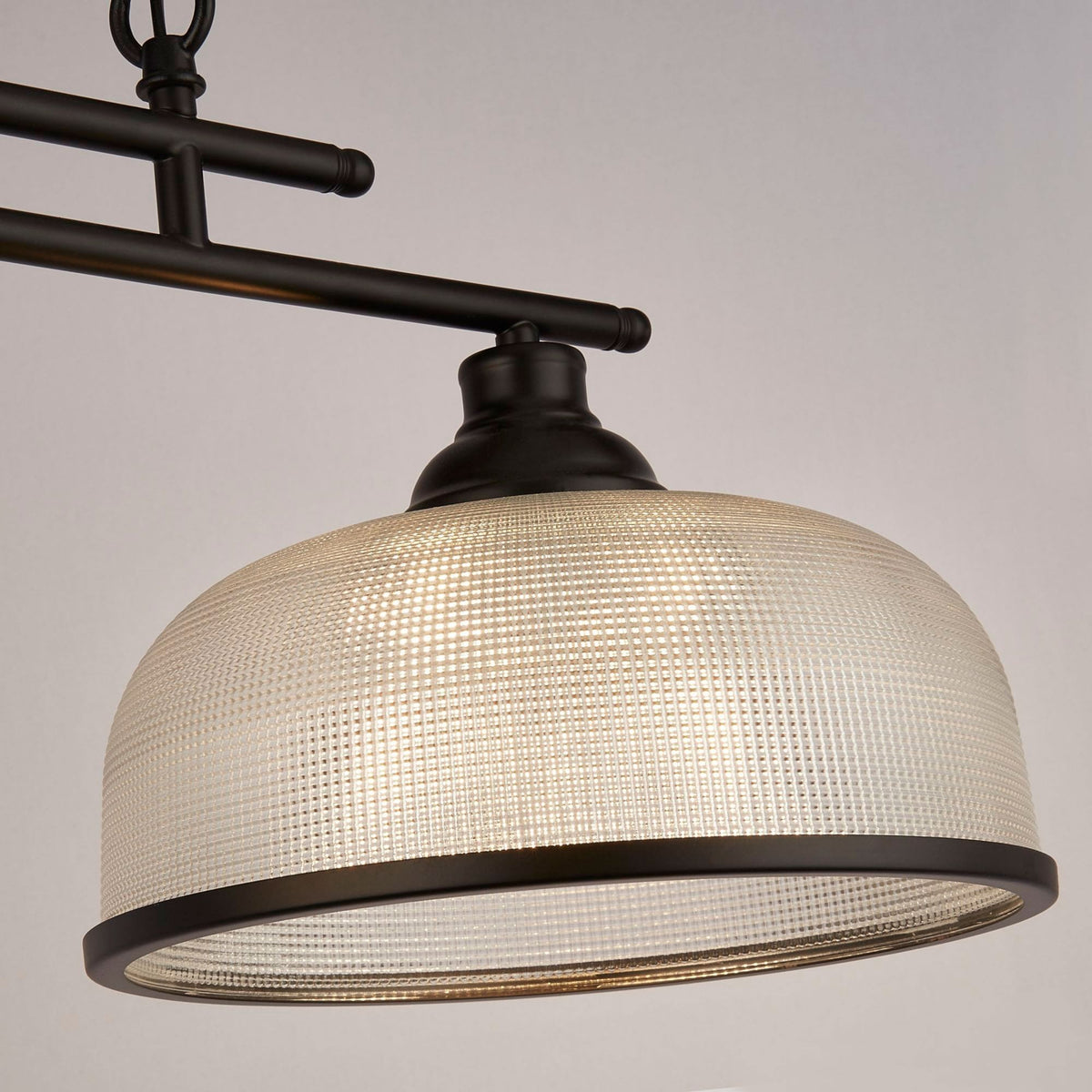 Highworth 3 Light Linear Pendant In Matt Black With Holophane Glass Shades