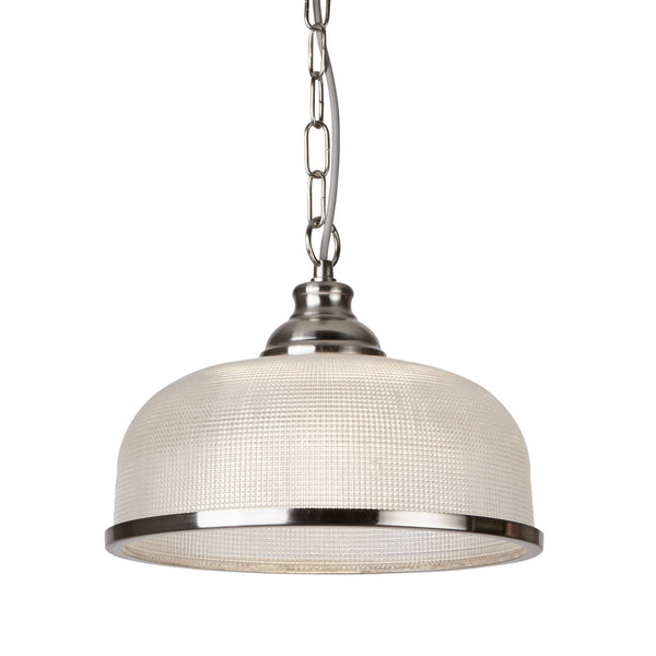 A close-up of a pendant light with a textured glass dome and polished chrome trim.
