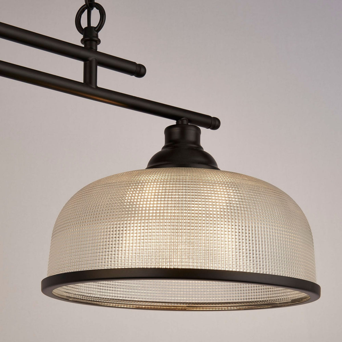Highworth 2 Light Linear Pendant In Matt Black With Holophane Glass Shades