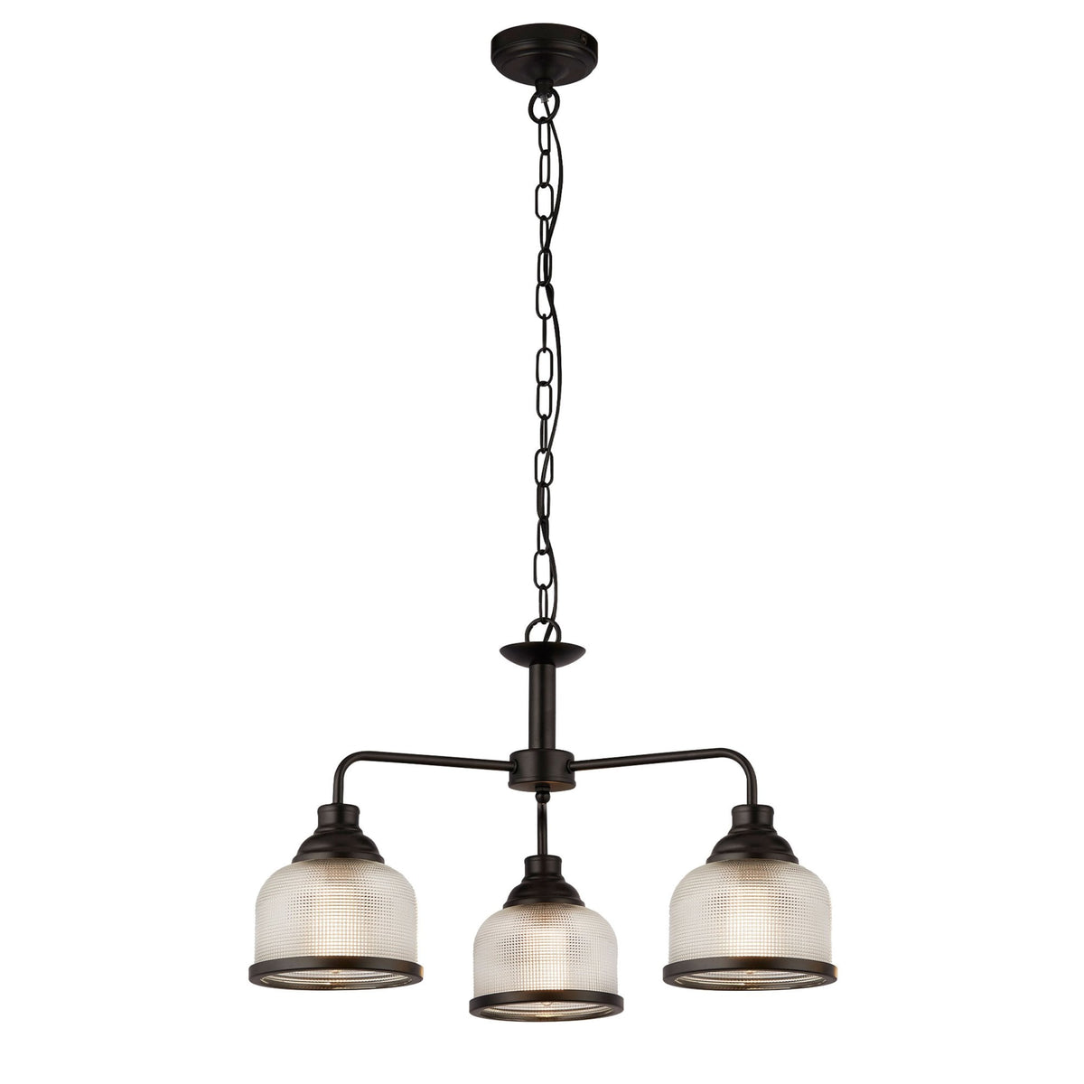 Highworth 3 Light Pendant In Matt Black With Holophane Glass Shades