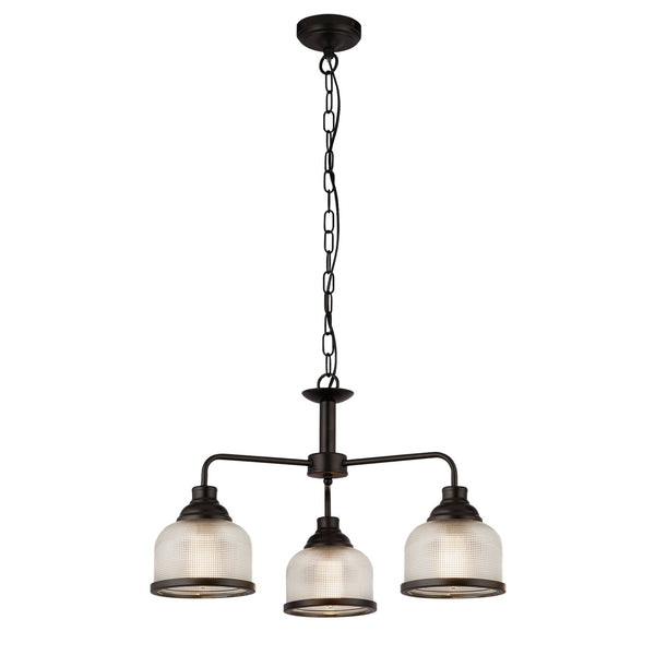 Highworth 3 Light Pendant In Matt Black With Holophane Glass Shades