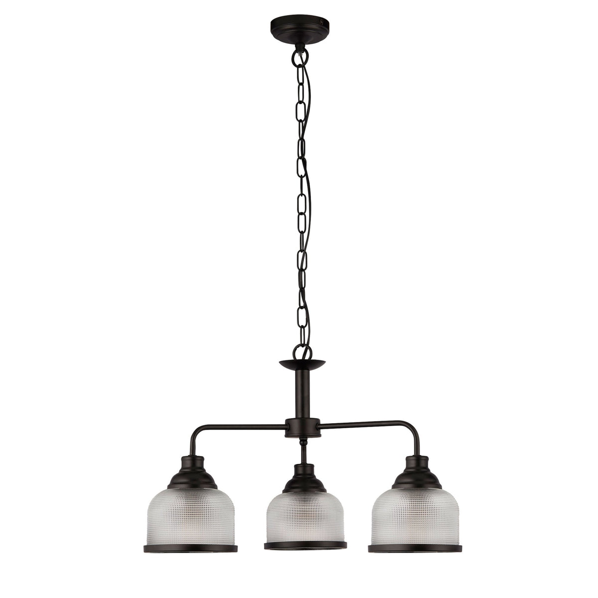 Highworth 3 Light Pendant In Matt Black With Holophane Glass Shades