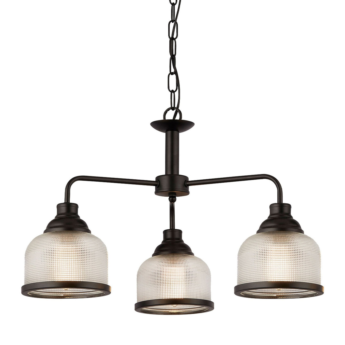 Highworth 3 Light Pendant In Matt Black With Holophane Glass Shades