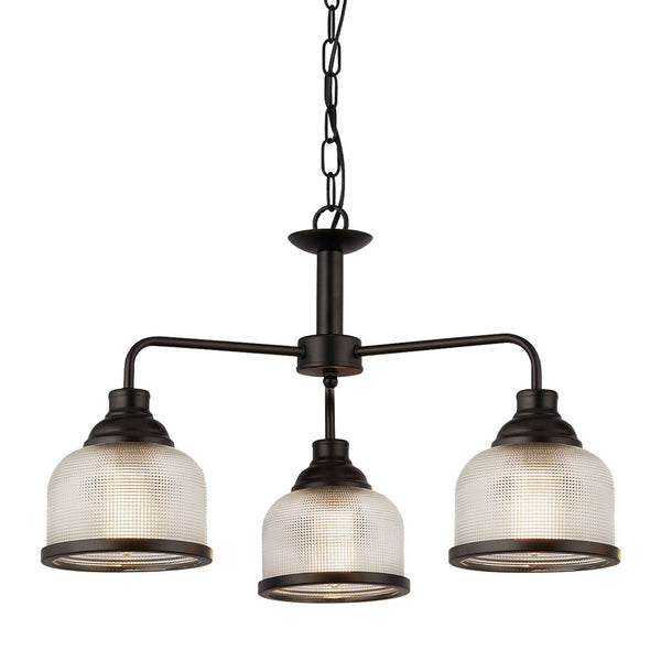 Highworth 3 Light Pendant In Matt Black With Holophane Glass Shades