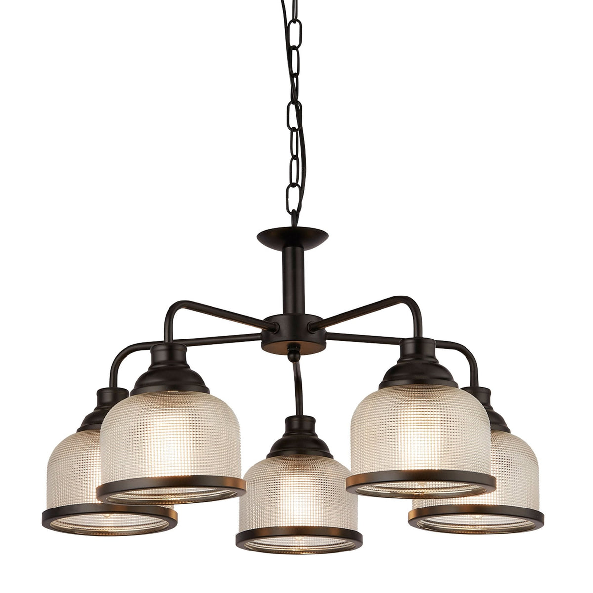 Highworth 5 Light Pendant In Matt Black With Holophane Glass Shades