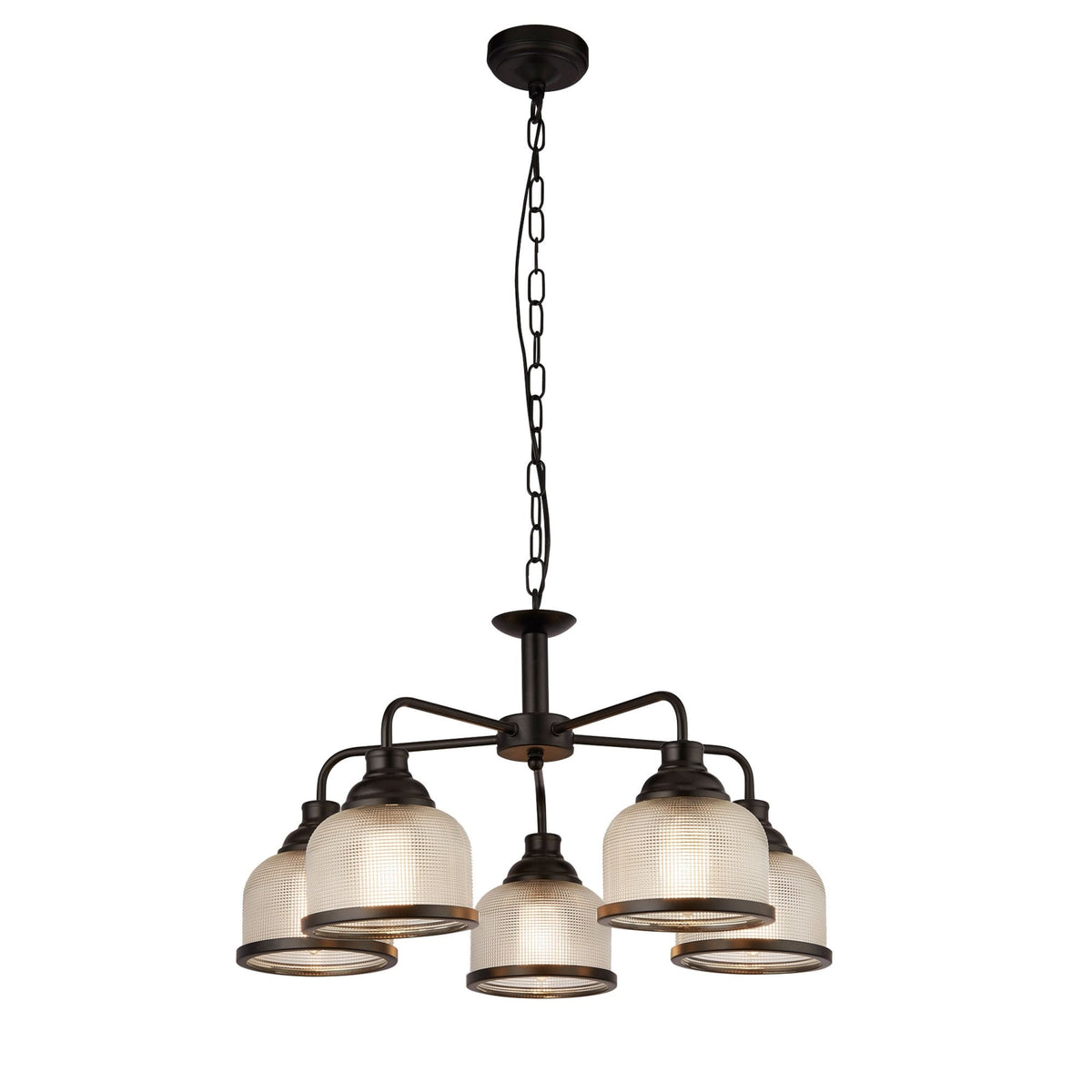 Highworth 5 Light Pendant In Matt Black With Holophane Glass Shades