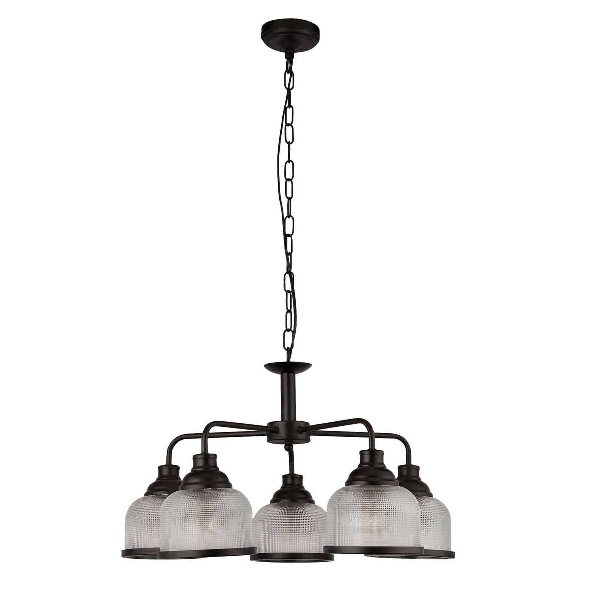 Highworth 5 Light Pendant In Matt Black With Holophane Glass Shades