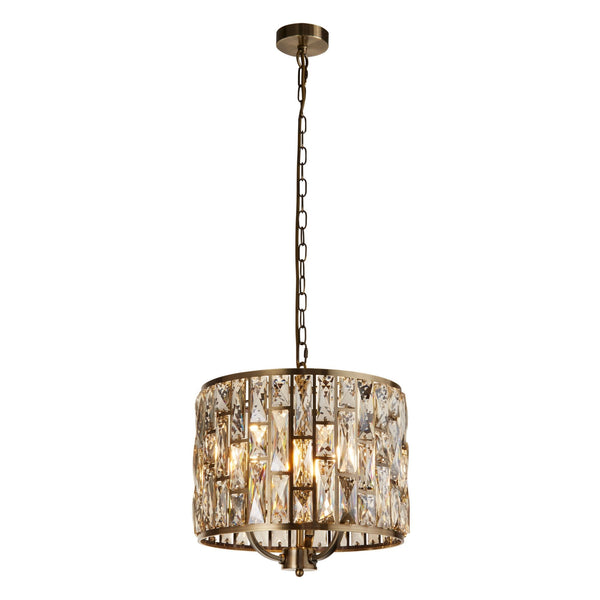 Bijou 3 Light Pendant In Antique Brass With Champagne Crystal Glass