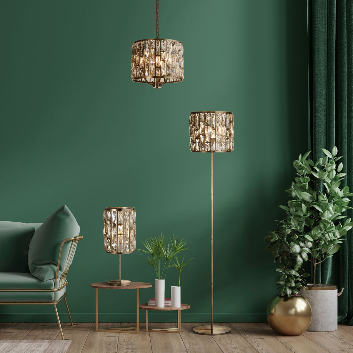 Bijou 3 Light Pendant In Antique Brass With Champagne Crystal Glass