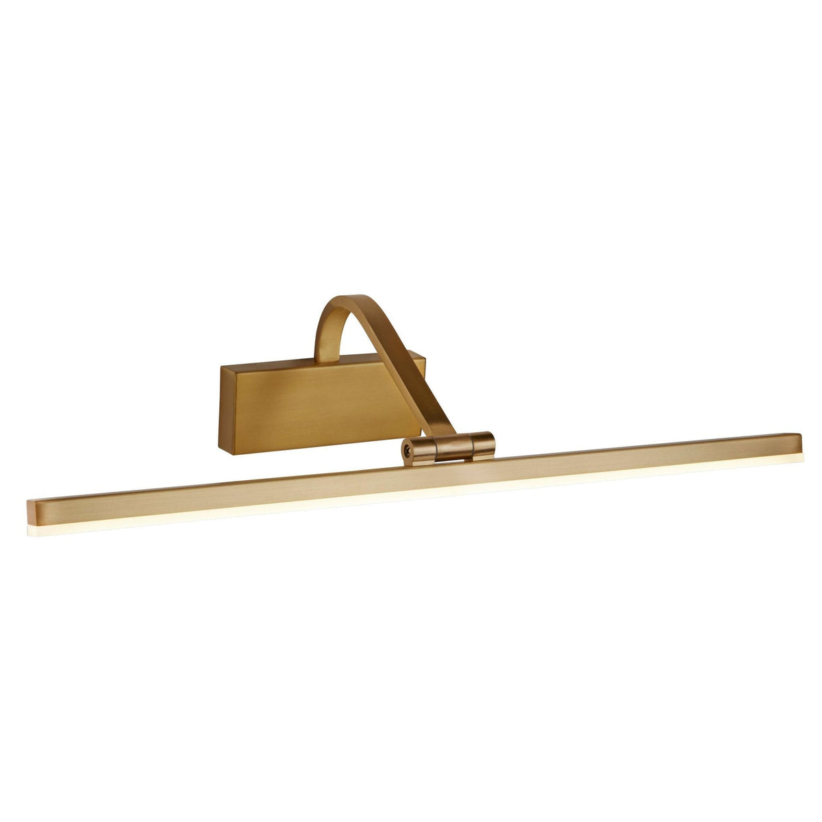 A brass wall-mounted picture light with an adjustable bar.
