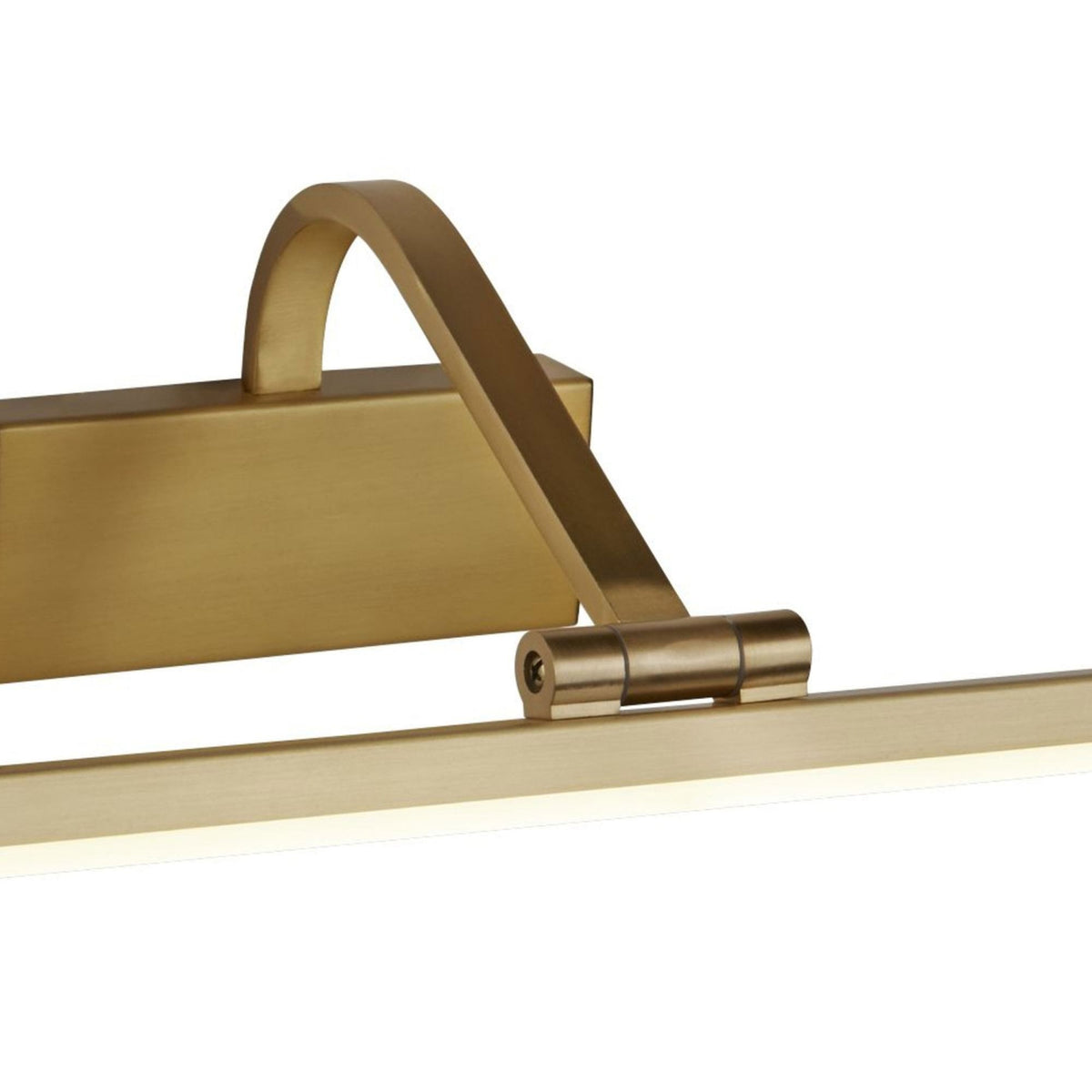 Close-up of the brass fixture and adjustable hinge of the picture light.