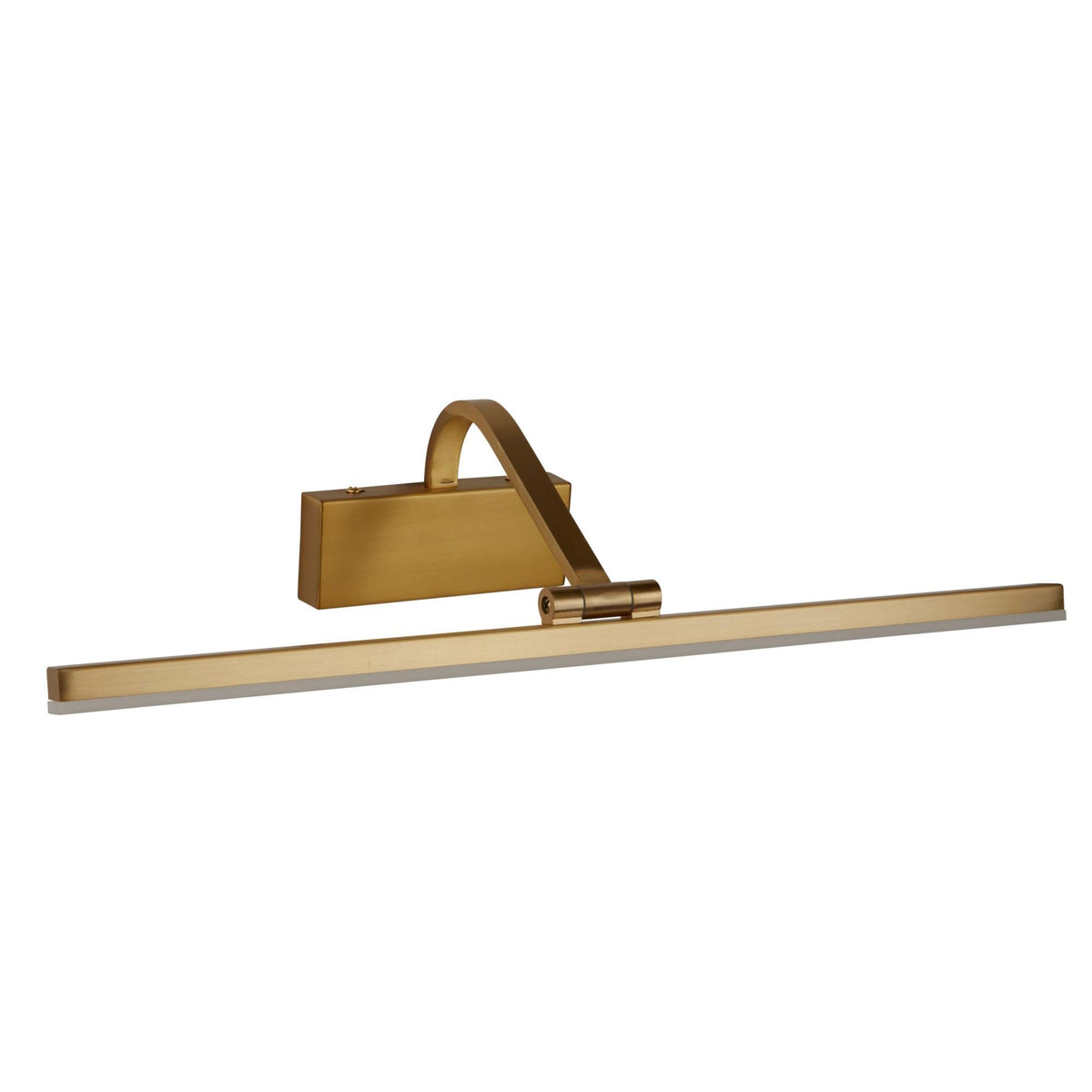 A brass wall-mounted picture light with an adjustable bar.