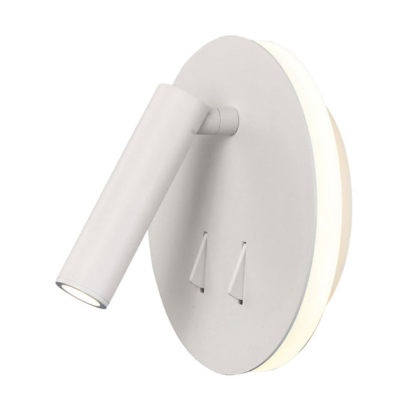 White wall-mounted lamp with adjustable spotlight and illuminated ring.