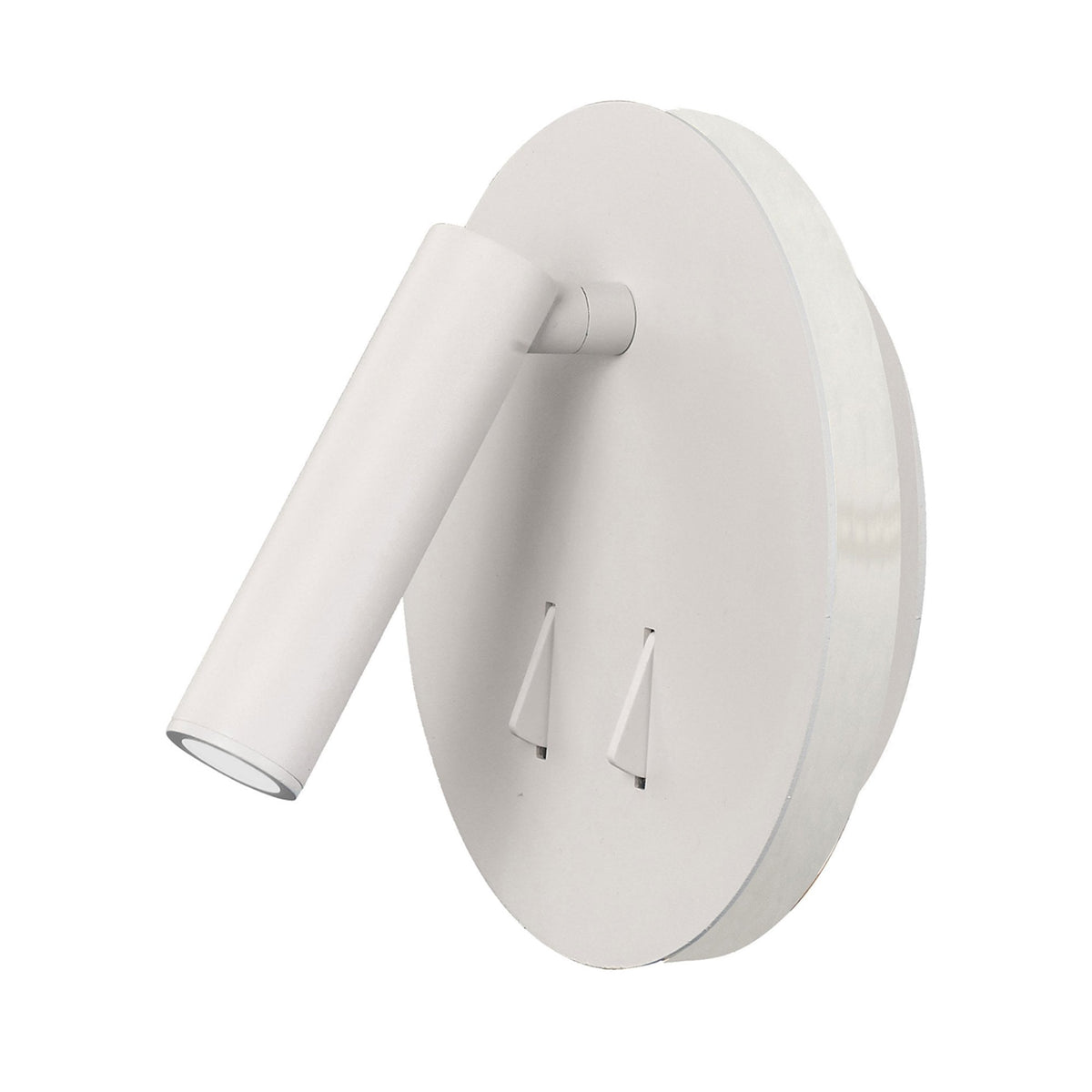 Side view of a white wall light featuring a circular backplate and an adjustable reading arm.