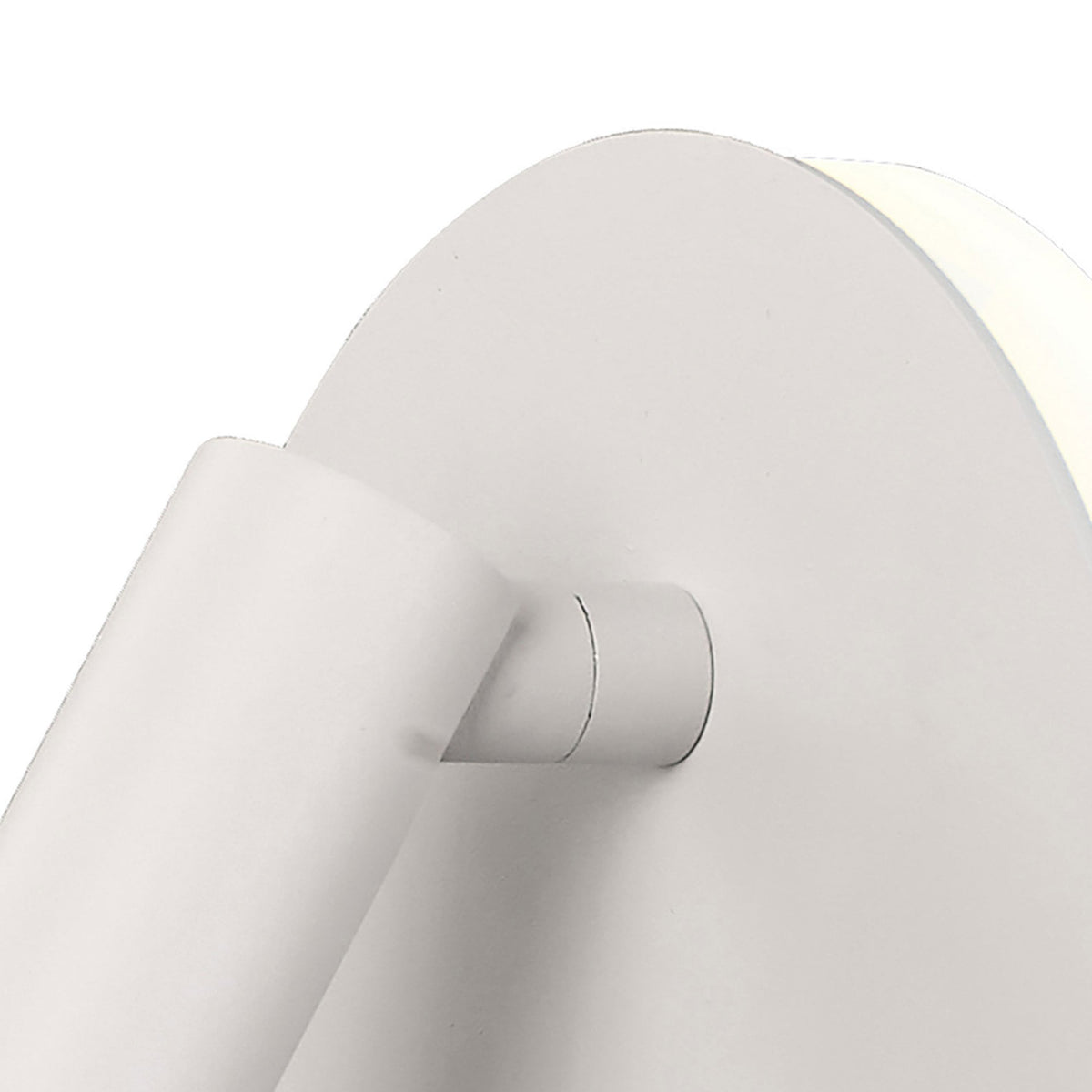 Detailed view of the adjustable arm connection on the white circular wall lamp.