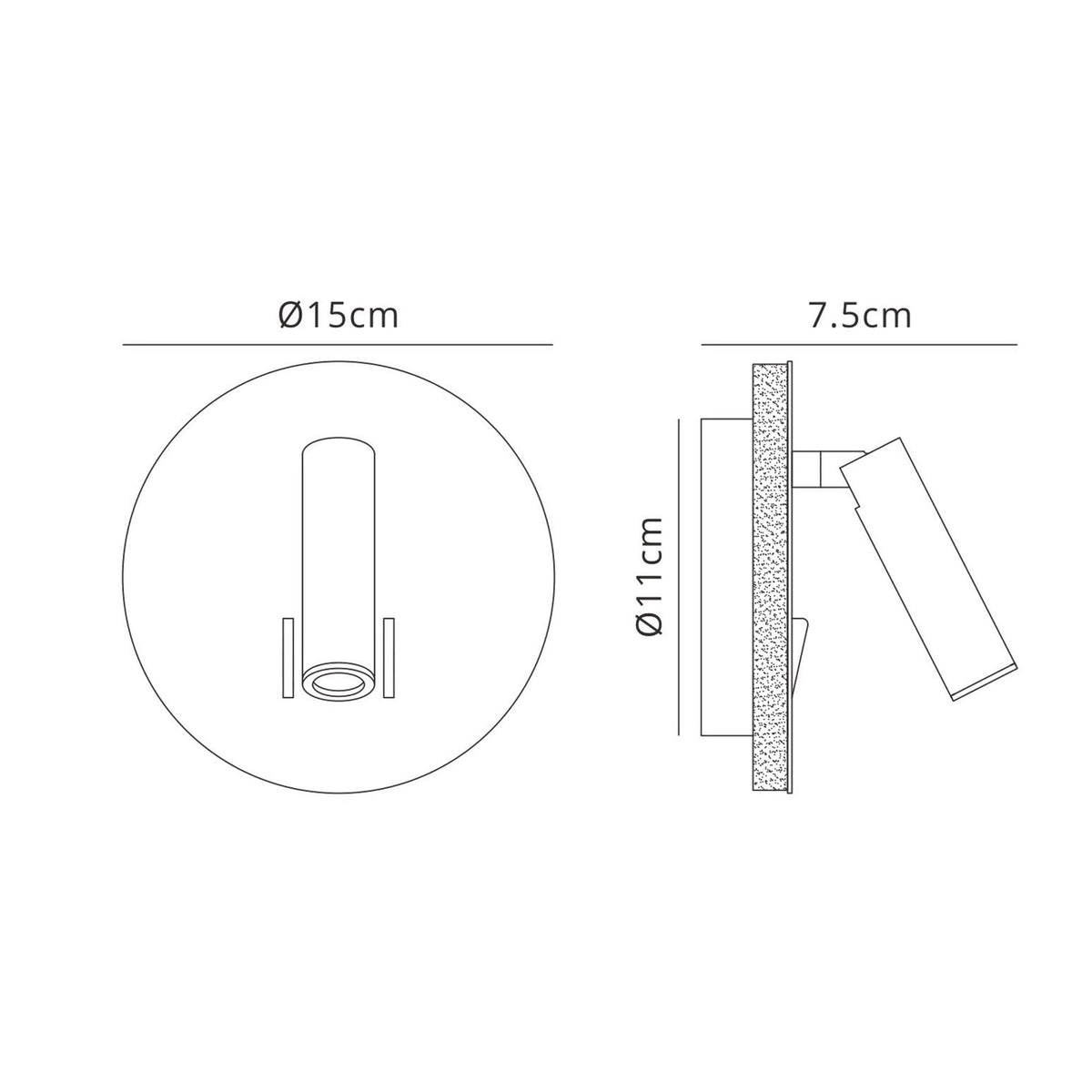 Technical diagram showing the dimensions of the wall-mounted lamp, including diameter and depth.
