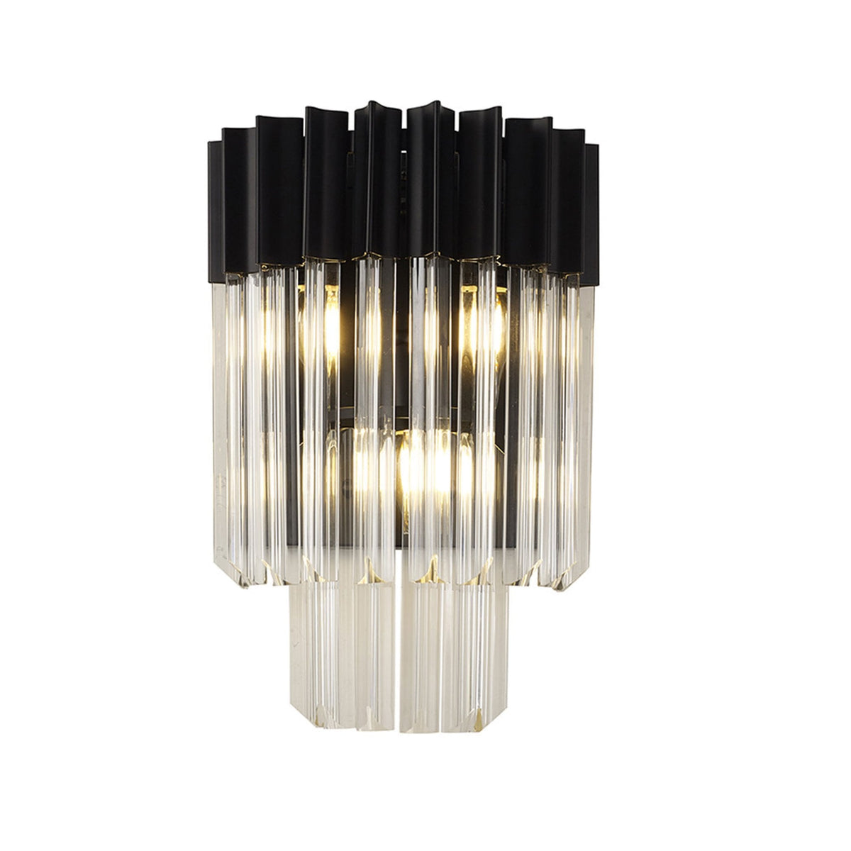 A modern black and clear glass wall light with the lights on, against a white background.